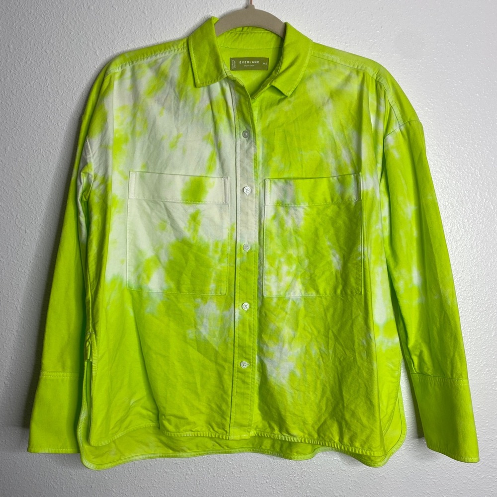 Everlane Button Up Shirt XXS Neon Green Tie Dye Organic Cotton Long Sleeve